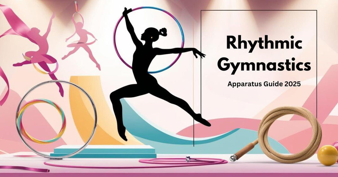 A rhythmic gymnastic dancing with gracefull and beauty, in bold black letters said 'Rhythmic Gymnastics Apparatus Guide 2025'